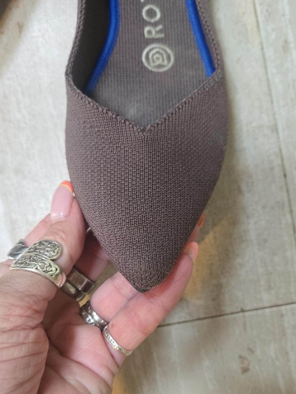 Rothy's Taupe Brown with Blue Accent Pointed Toe Flats - Picture 2 of 12